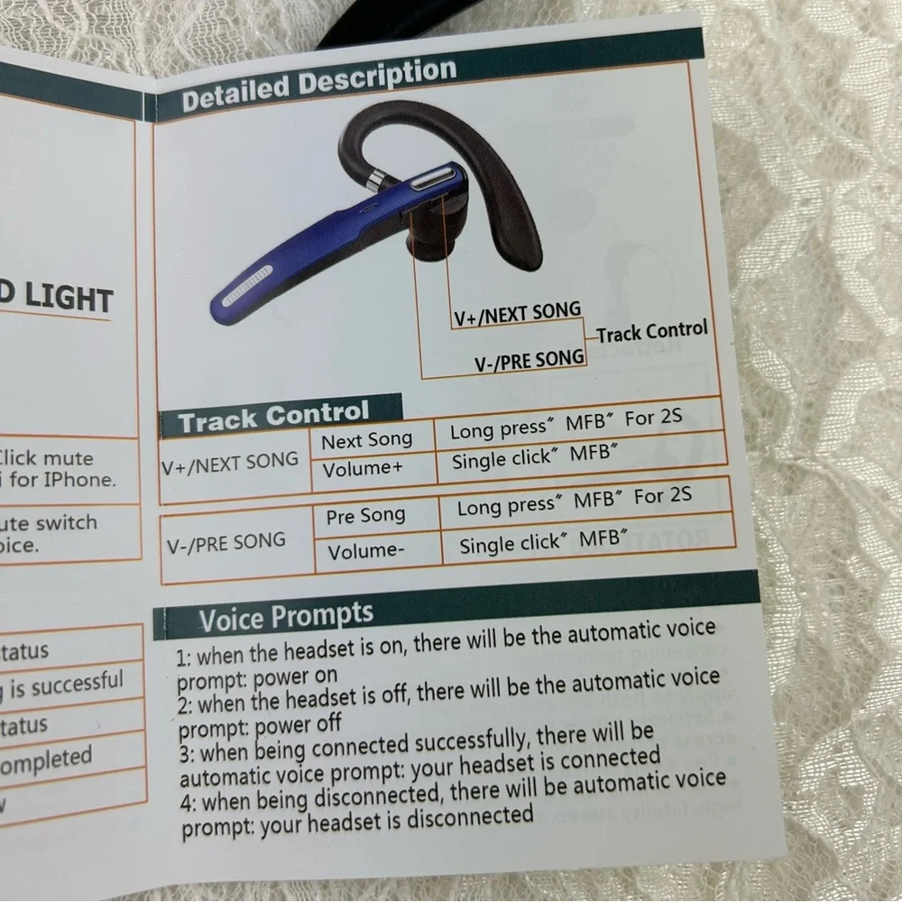 Bluetooth Wireless Headset Earpiece Mic Handsfree Single for Smartphones Music